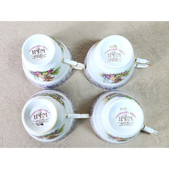 Woodland Dell Teacup Mug Sutherland Bone China Gold Trim Made in England x4 Vtg - Picture 11 of 14